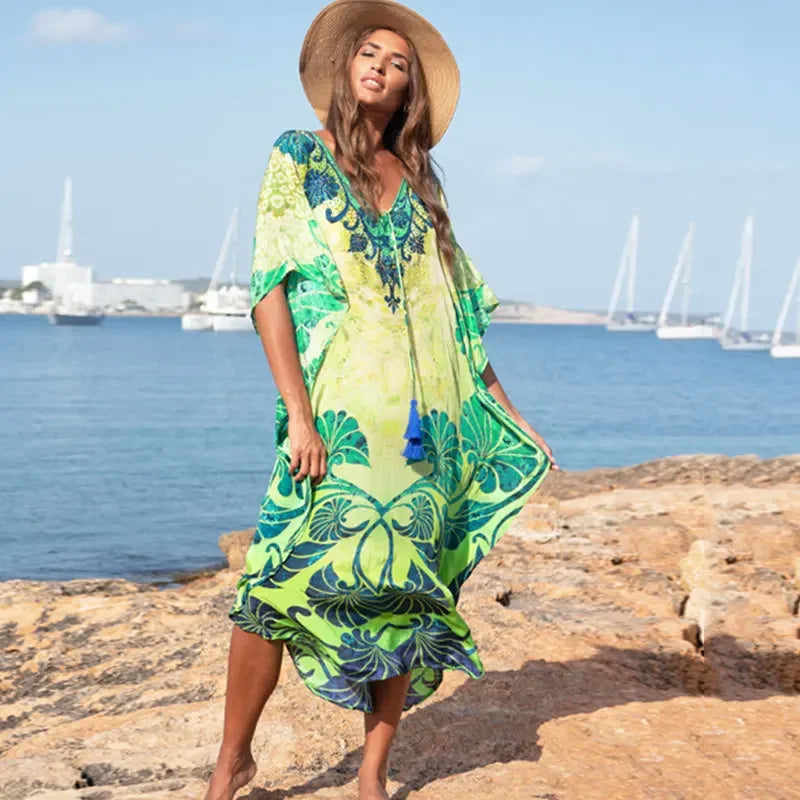 Boho Tassel Swim Bikini Cover-Up dress - Ethnic Floral Print Maxi, Oversize Beach Robe
