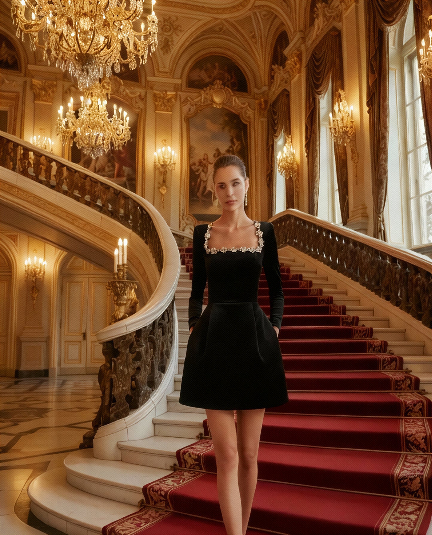 Velvet Christmas Dress: Beaded Square Neck Long Sleeve Mini