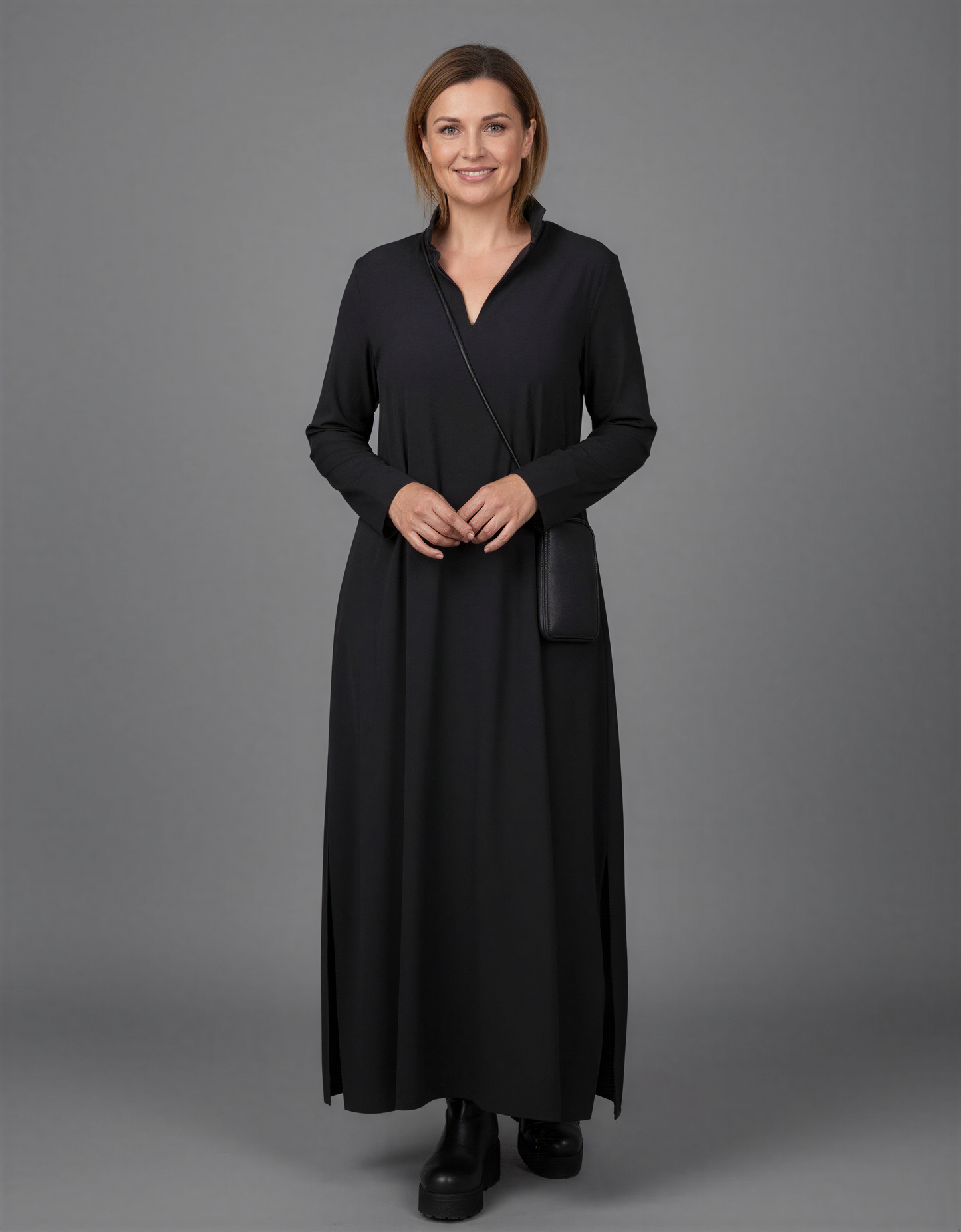 Black and Dark Green Long Sleeve Maxi Dress with Side Slits for Women - Elegant Comfort and Style