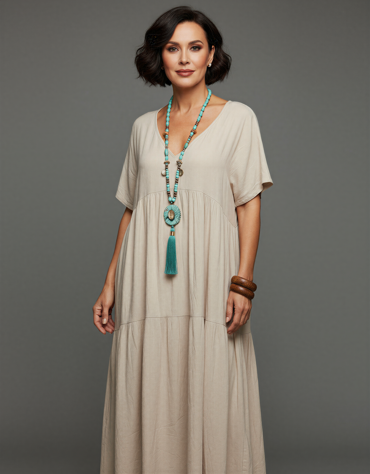 Plus Size Relaxed Fit Bohemian V-Neck Maxi Dress for Women 40+ – Comfortable Tiered Design