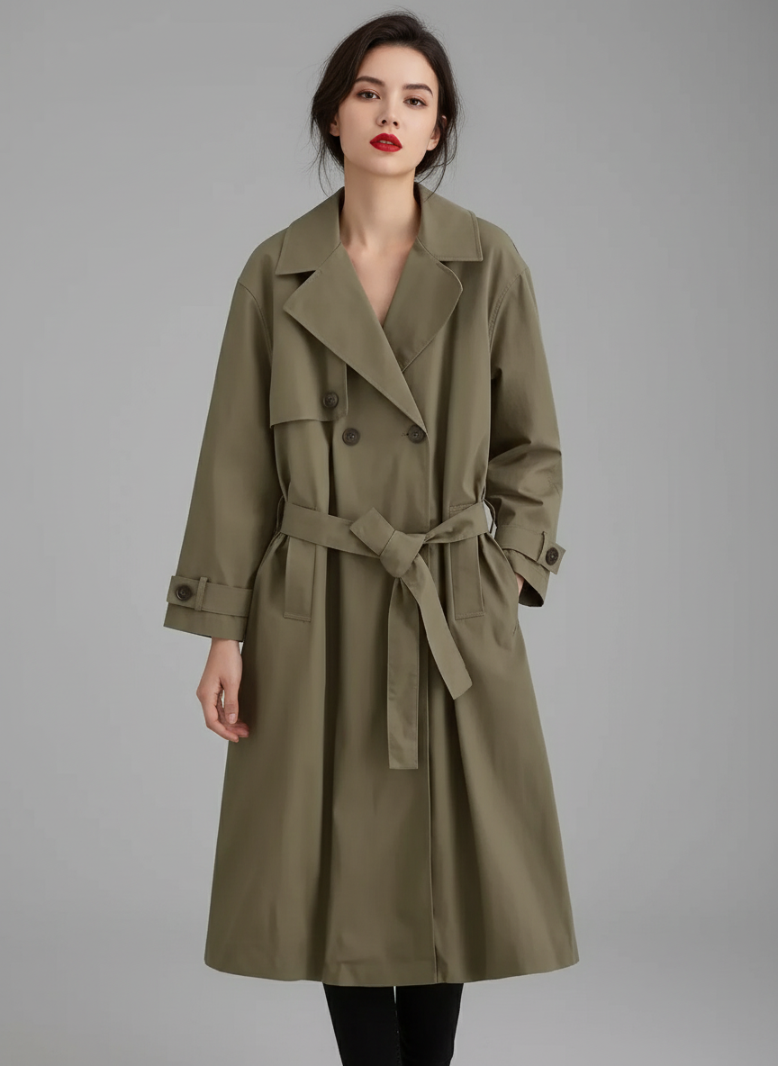 Women's Trench Coat – Water-Repellent, Beige/Khaki, Knee-Length