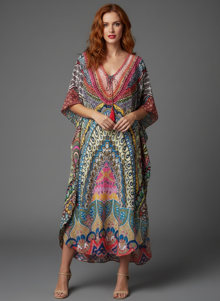 Vibrant Mandala Print Kaftan Dress | V-Neck Tassel Tie Midi Caftan