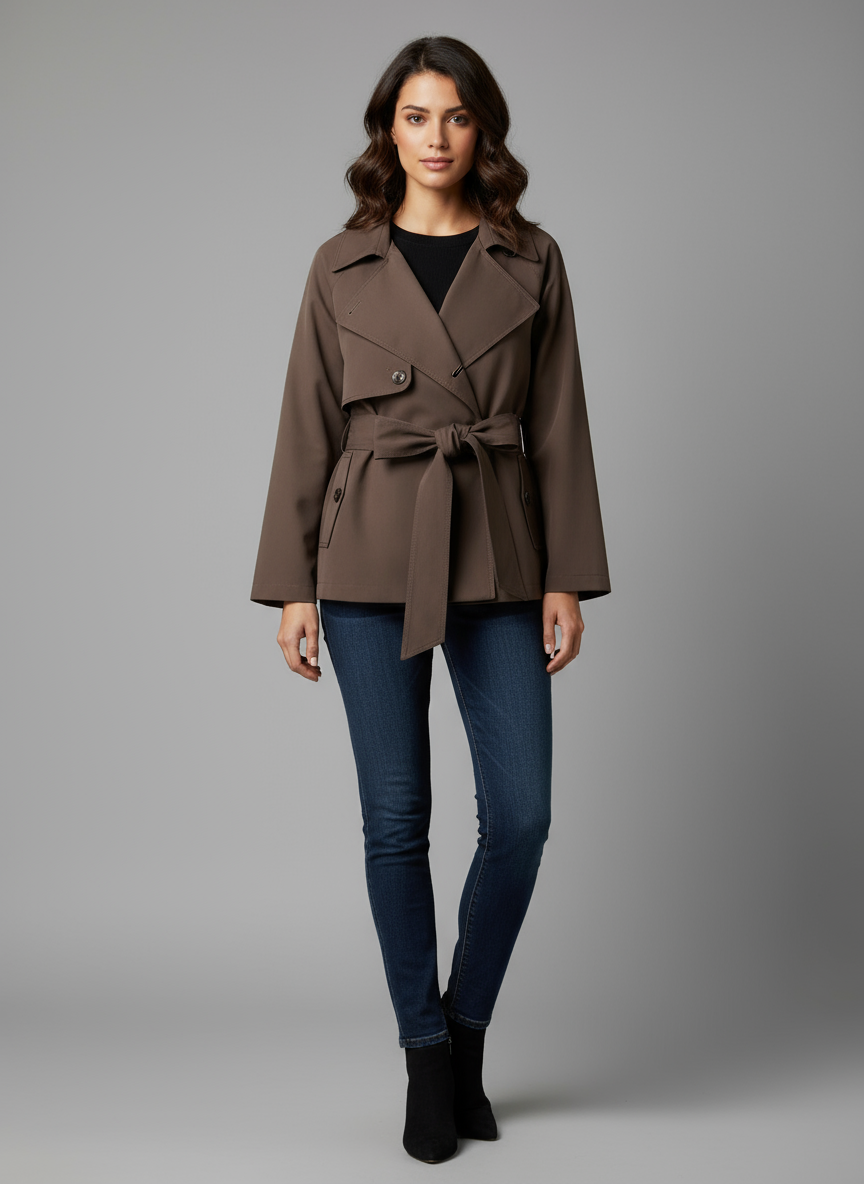 Cropped Trench Coat with Belt | Double-Breasted Short Trench Jacket