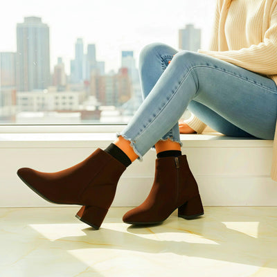 Women's Brown Velvet Ankle Boots – Chunky Heel, Side Zipper, Round Toe