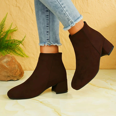 Women's Brown Velvet Ankle Boots – Chunky Heel, Side Zipper, Round Toe