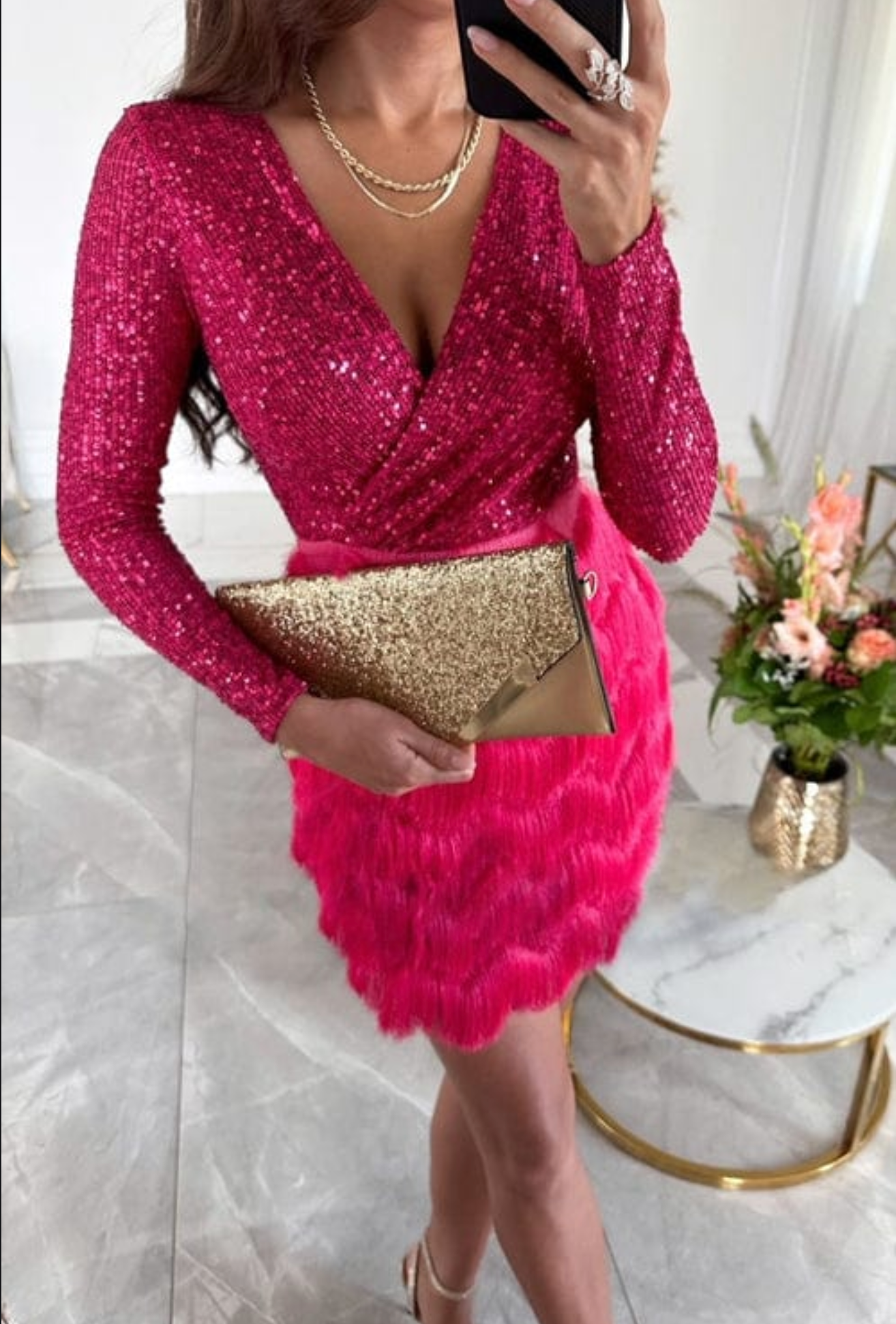 Sequin & Fringe Mini Dress | Long Sleeve V-Neck Bodycon for Cocktail, Holiday & Party