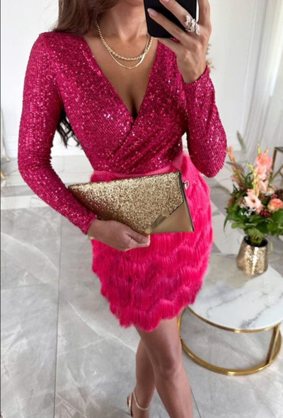 Sequin & Fringe Mini Dress | Long Sleeve V-Neck Bodycon for Cocktail, Holiday & Party