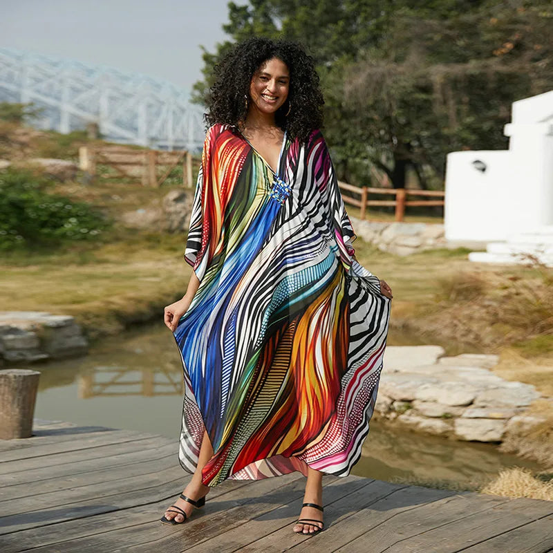 Plus-Size Kaftan Beach Cover-Up dress - Batwing Sleeves, Resort Ready