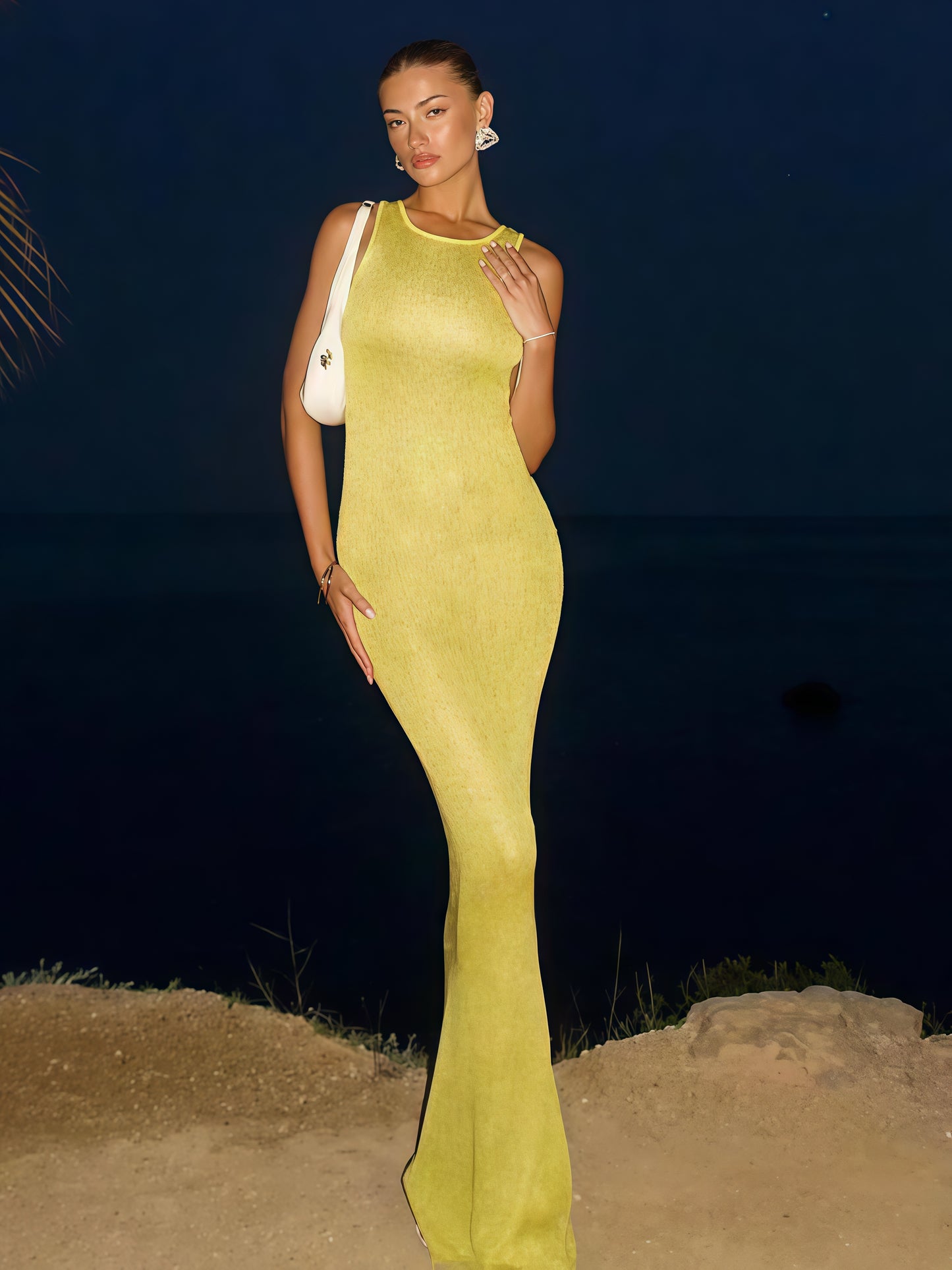 Shimmer Knit Maxi Dress | Sleeveless Scoop Neck Bodycon Formal Gown