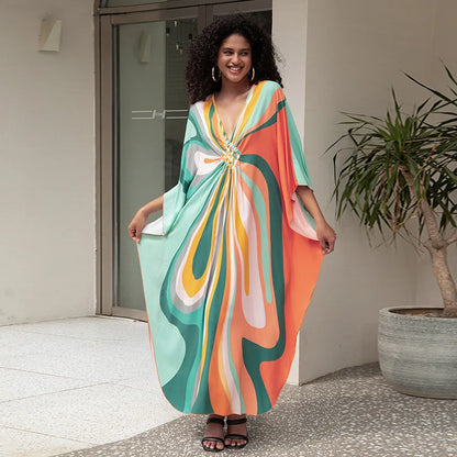 Plus-Size Kaftan Beach Cover-Up dress - Batwing Sleeves, Resort Ready