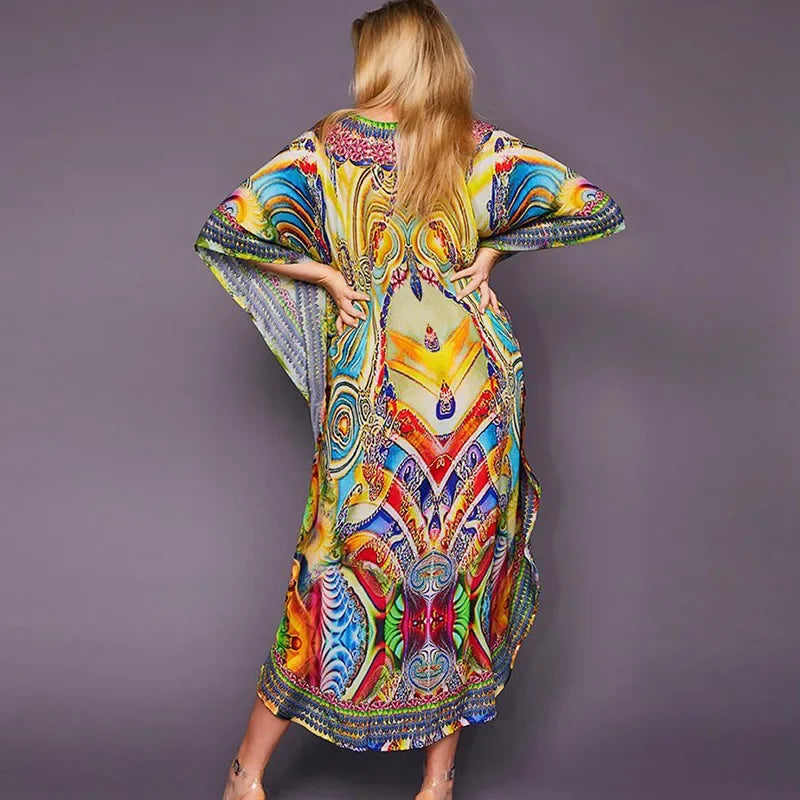 Boho Tassel Swim Bikini Cover-Up dress - Ethnic Floral Print Maxi, Oversize Beach Robe