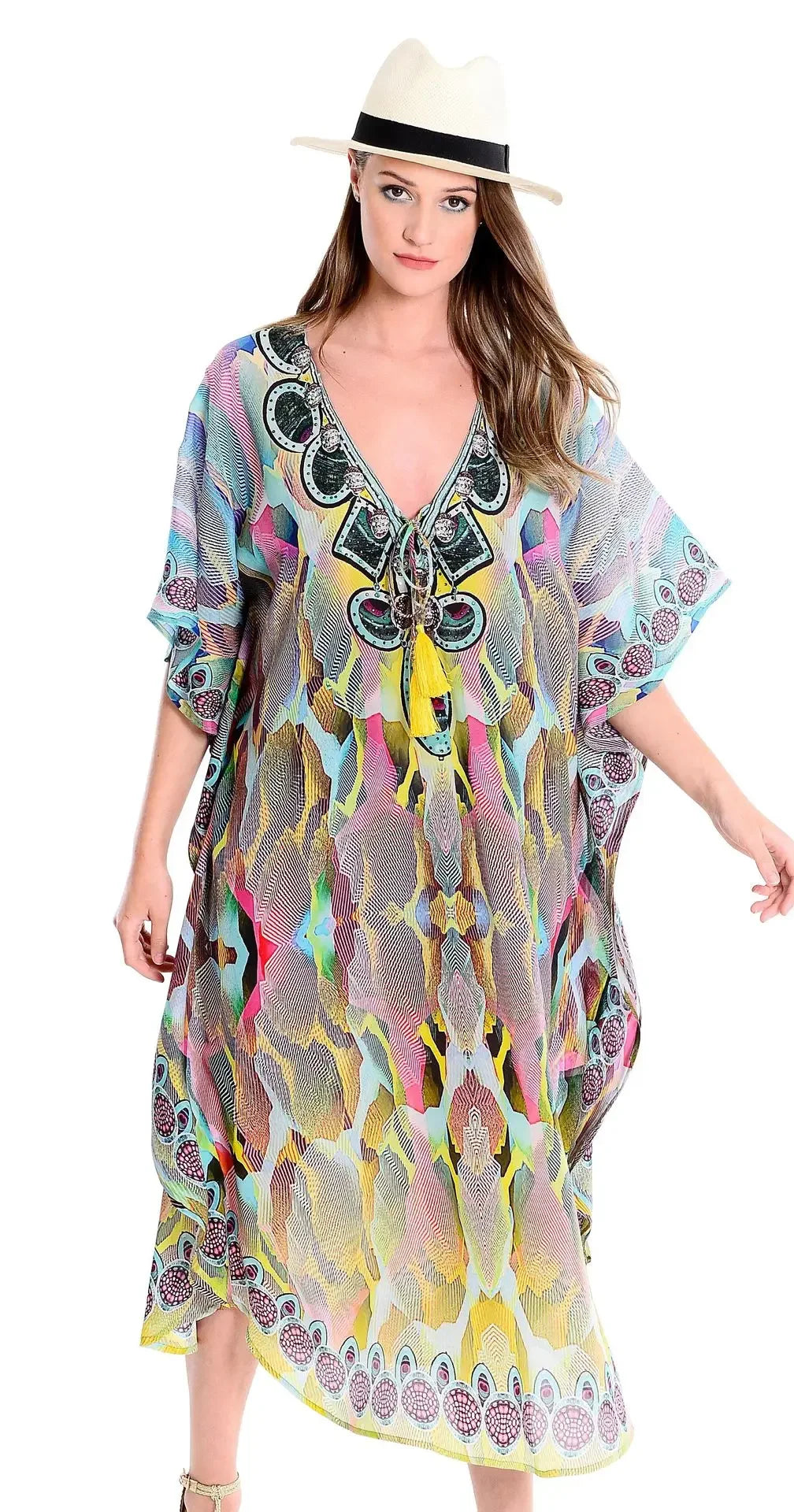 Boho Tassel Swim Bikini Cover-Up dress - Ethnic Floral Print Maxi, Oversize Beach Robe