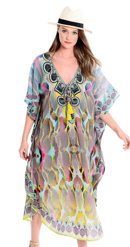 Boho Tassel Swim Bikini Cover-Up dress - Ethnic Floral Print Maxi, Oversize Beach Robe