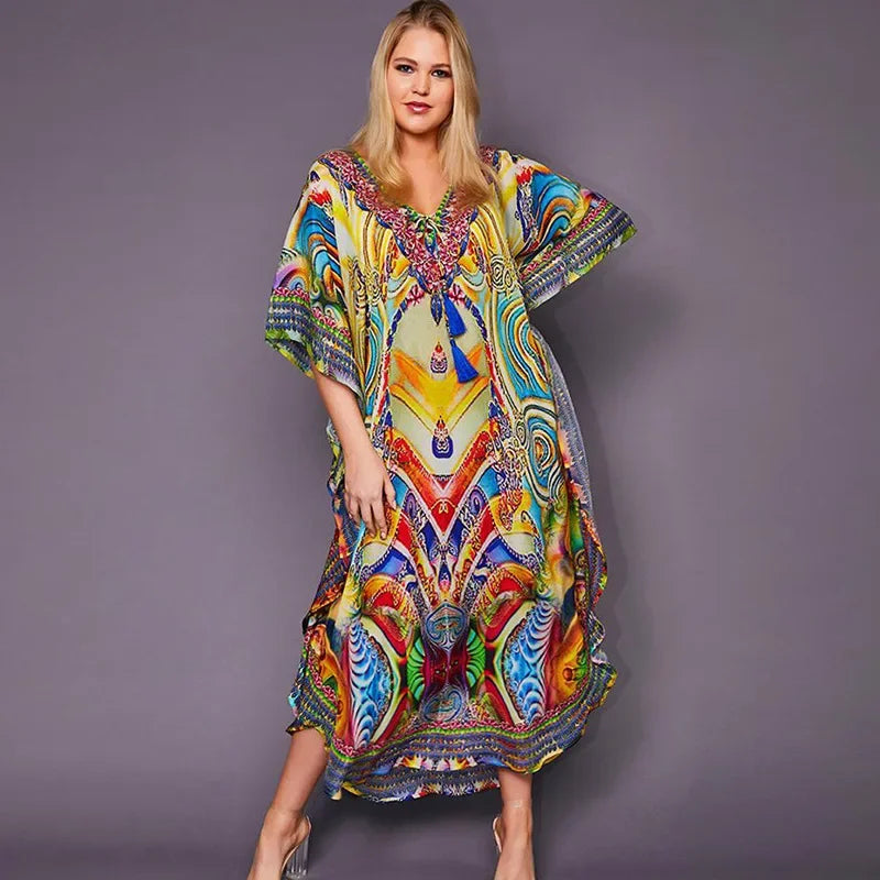 Boho Tassel Swim Bikini Cover-Up dress - Ethnic Floral Print Maxi, Oversize Beach Robe