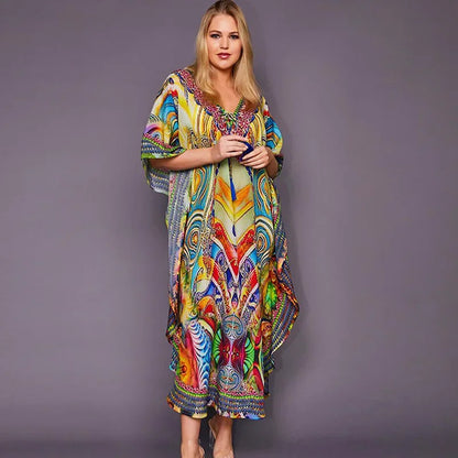 Boho Tassel Swim Bikini Cover-Up dress - Ethnic Floral Print Maxi, Oversize Beach Robe