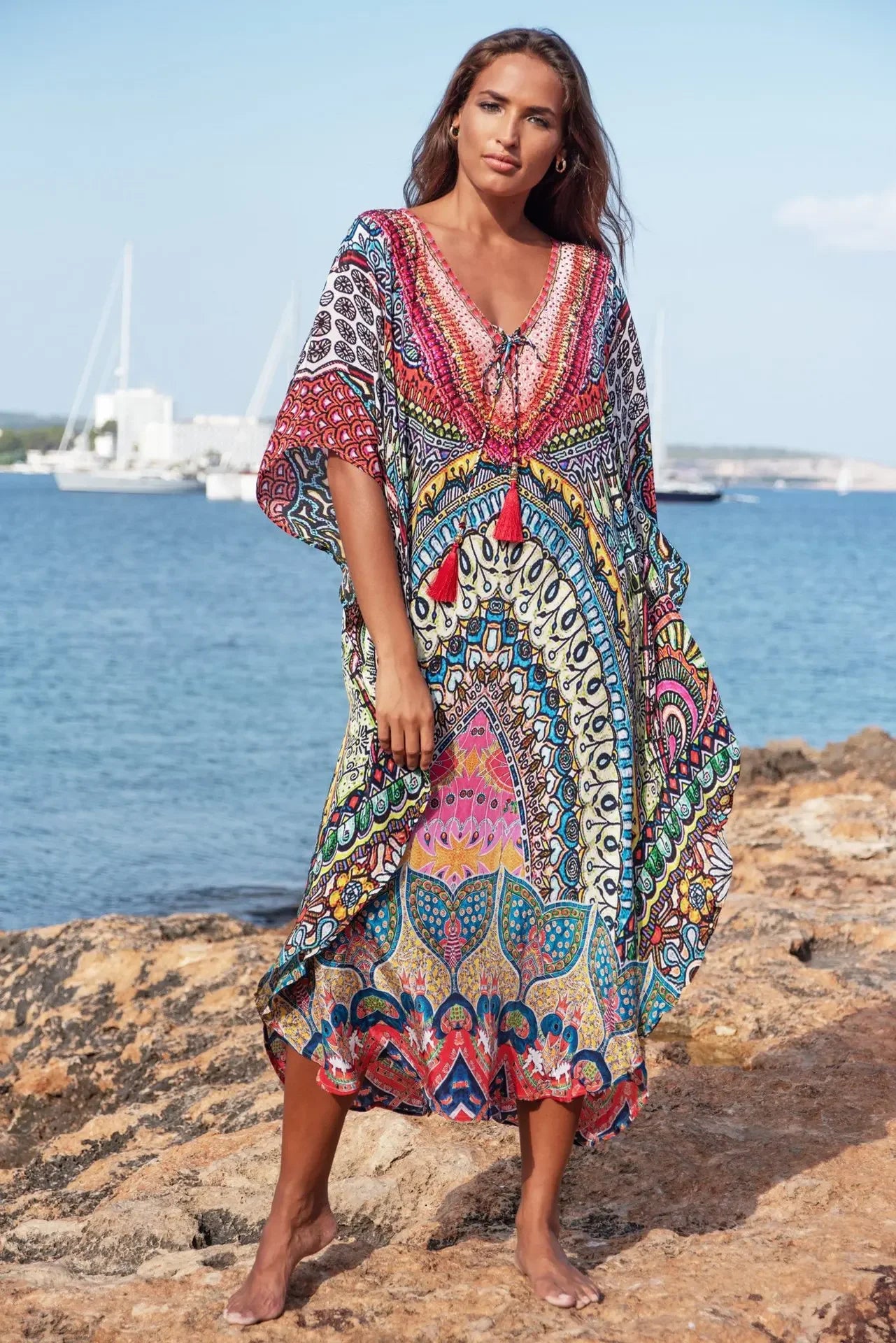 Boho Tassel Swim Bikini Cover-Up dress - Ethnic Floral Print Maxi, Oversize Beach Robe