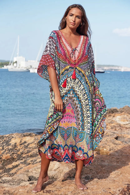 Boho Tassel Swim Bikini Cover-Up dress - Ethnic Floral Print Maxi, Oversize Beach Robe