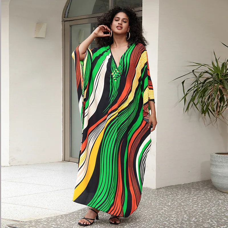 Plus-Size Kaftan Beach Cover-Up dress - Batwing Sleeves, Resort Ready