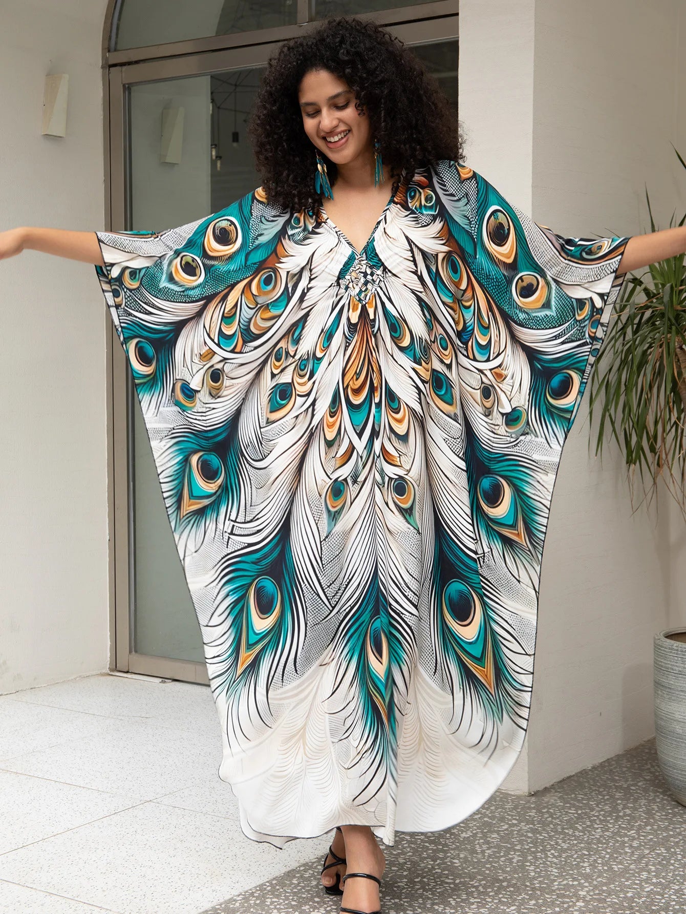 Plus-Size Kaftan Beach Cover-Up dress - Batwing Sleeves, Resort Ready