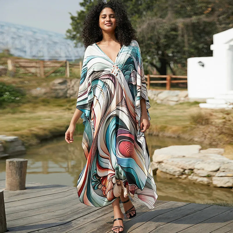 Plus-Size Kaftan Beach Cover-Up dress - Batwing Sleeves, Resort Ready