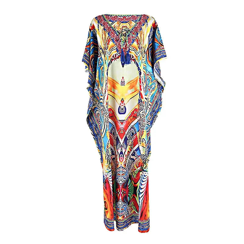 Boho Tassel Swim Bikini Cover-Up dress - Ethnic Floral Print Maxi, Oversize Beach Robe