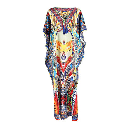 Boho Tassel Swim Bikini Cover-Up dress - Ethnic Floral Print Maxi, Oversize Beach Robe