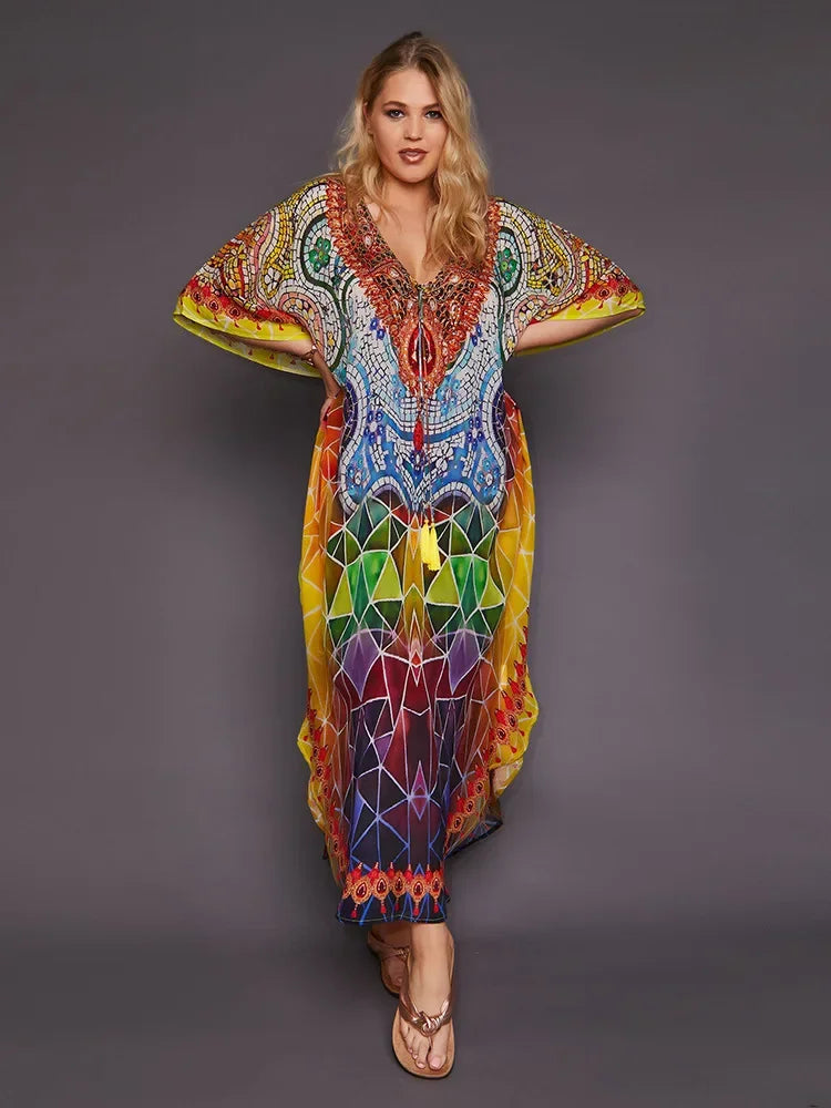 Boho Tassel Swim Bikini Cover-Up dress - Ethnic Floral Print Maxi, Oversize Beach Robe