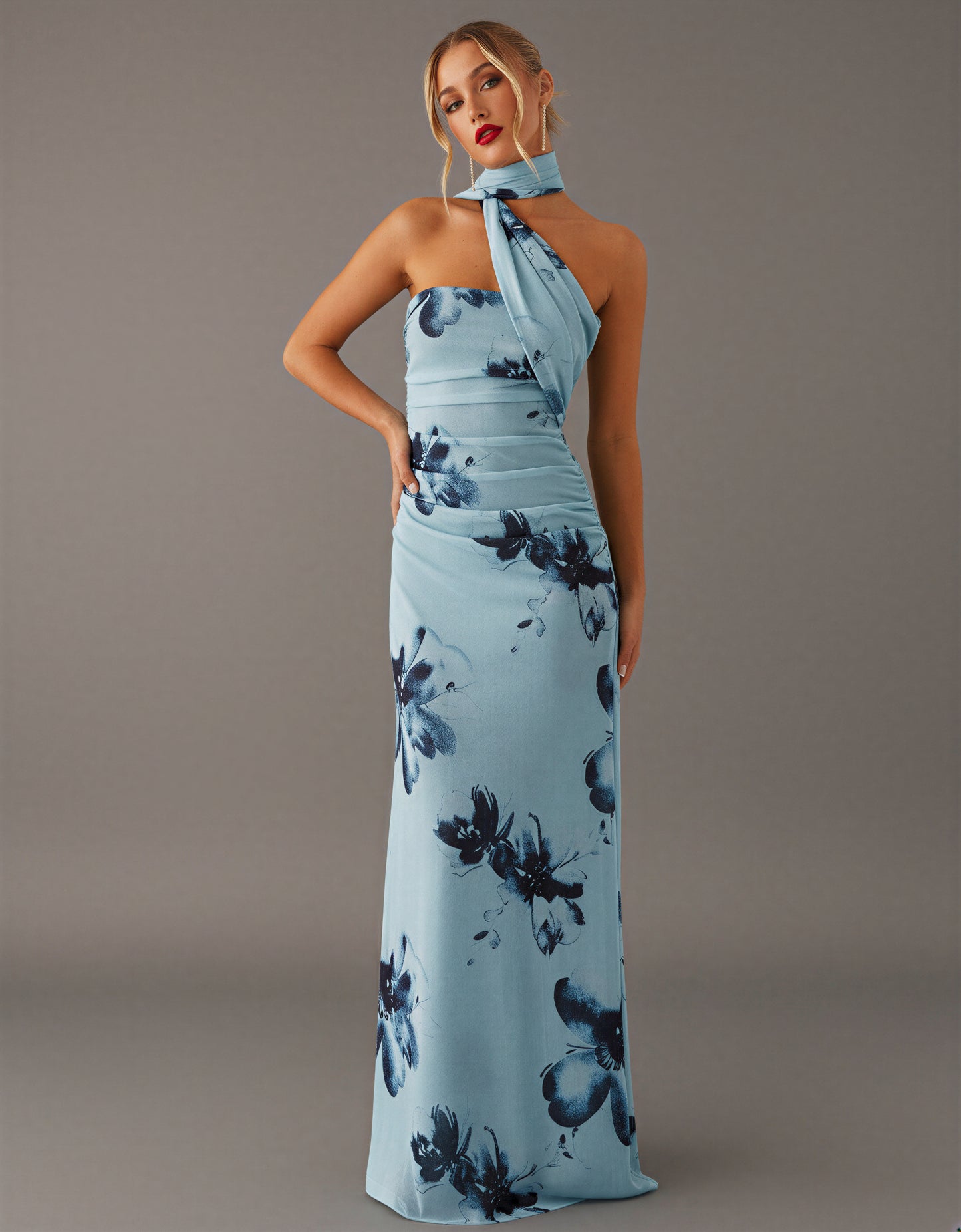 Blue Floral Halter Neck Maxi Dress Side Tie Holiday Party NYE Ruched Formal Evening Dress Women