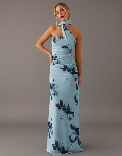 Blue Floral Halter Neck Maxi Dress Side Tie Holiday Party NYE Ruched Formal Evening Dress Women