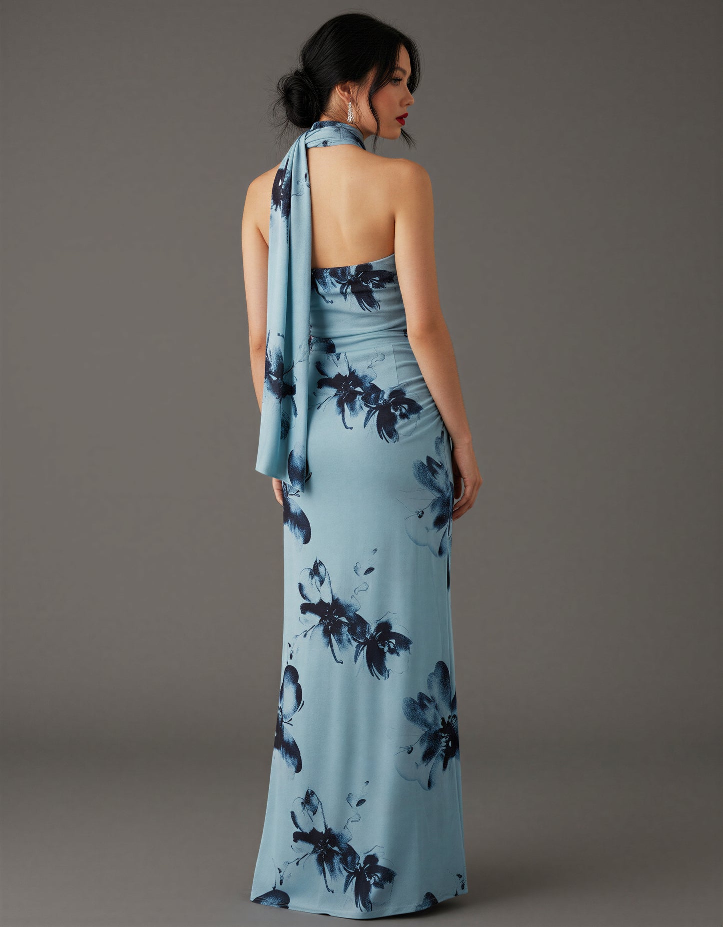 Blue Floral Halter Neck Maxi Dress Side Tie Holiday Party NYE Ruched Formal Evening Dress Women