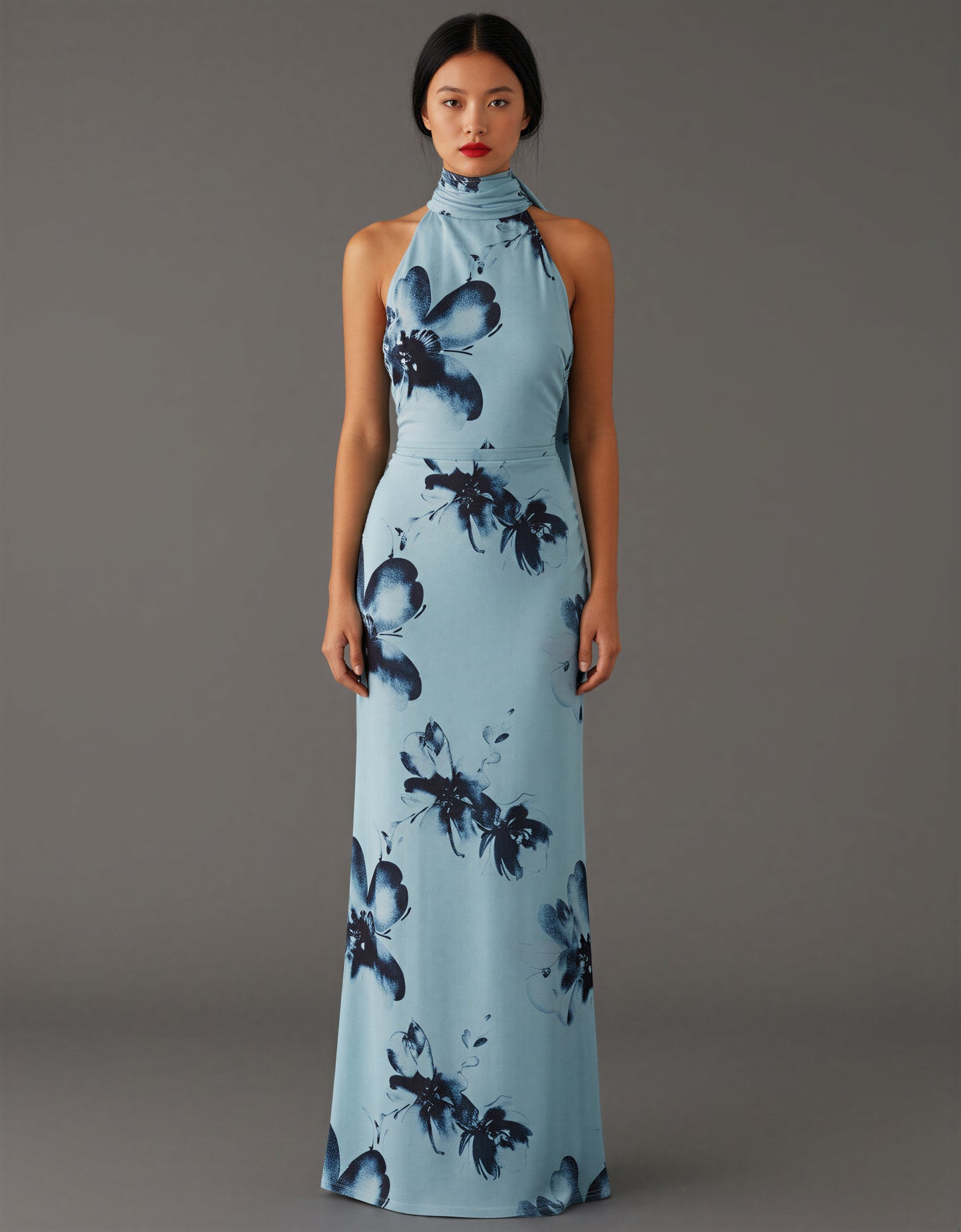 Blue Floral Halter Neck Maxi Dress Side Tie Holiday Party NYE Ruched Formal Evening Dress Women