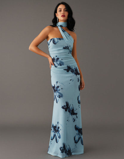 Blue Floral Halter Neck Maxi Dress Side Tie Holiday Party NYE Ruched Formal Evening Dress Women