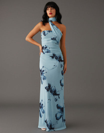 Blue Floral Halter Neck Maxi Dress Side Tie Holiday Party NYE Ruched Formal Evening Dress Women