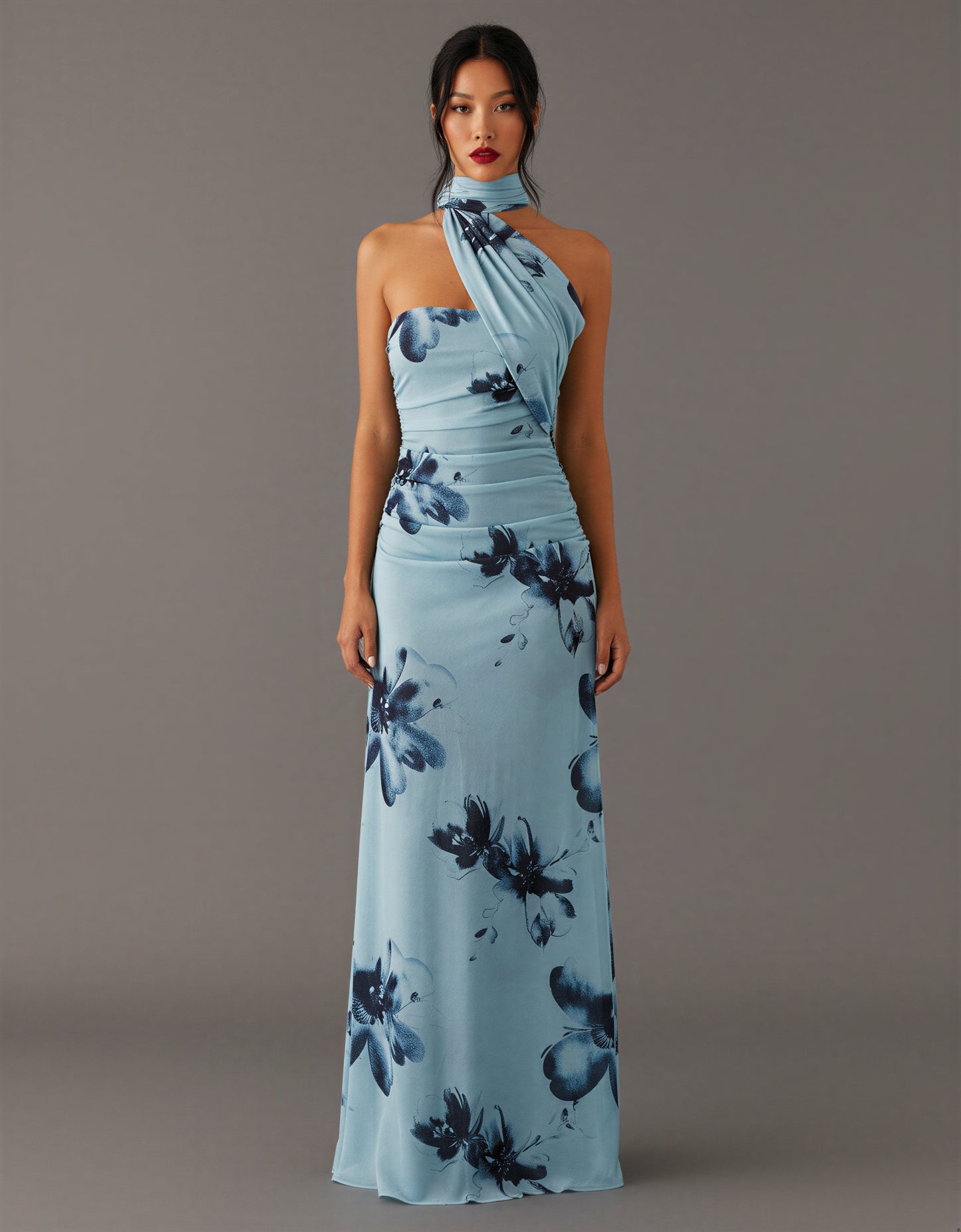 Blue Floral Halter Neck Maxi Dress Side Tie Holiday Party NYE Ruched Formal Evening Dress Women