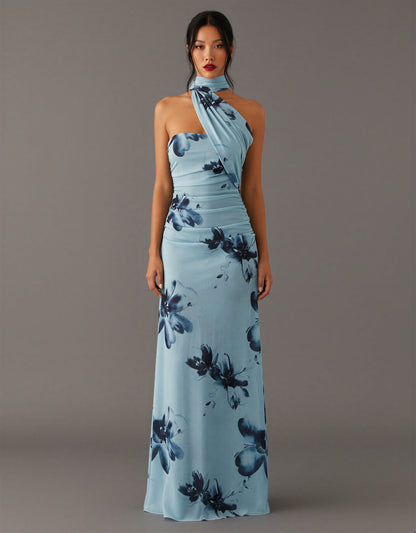 Blue Floral Halter Neck Maxi Dress Side Tie Holiday Party NYE Ruched Formal Evening Dress Women