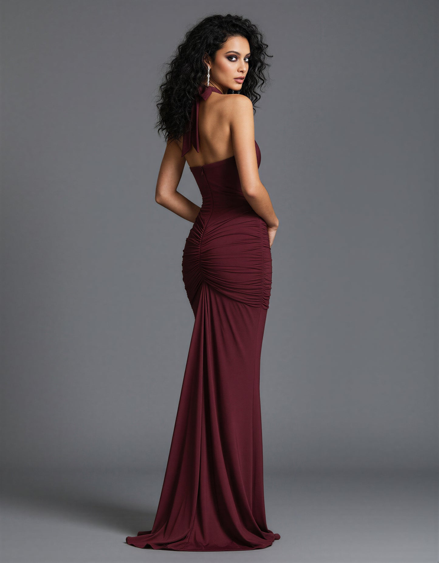Ruched Halter Maxi Dress Deep Plunge Tie Back Holiday Party NYE Formal Evening Gown Women