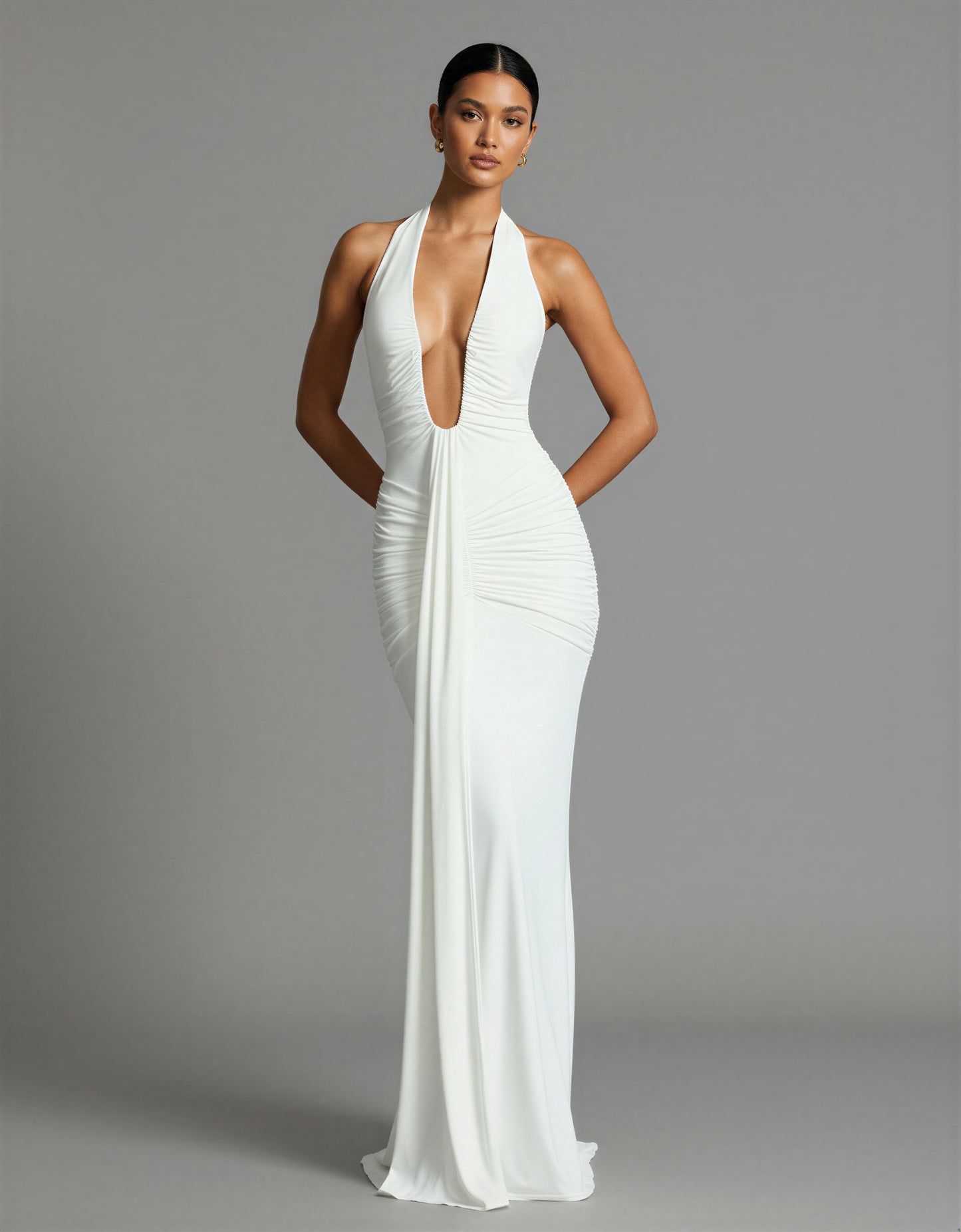 Ruched Halter Maxi Dress Deep Plunge Tie Back Holiday Party NYE Formal Evening Gown Women