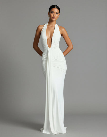 Ruched Halter Maxi Dress Deep Plunge Tie Back Holiday Party NYE Formal Evening Gown Women