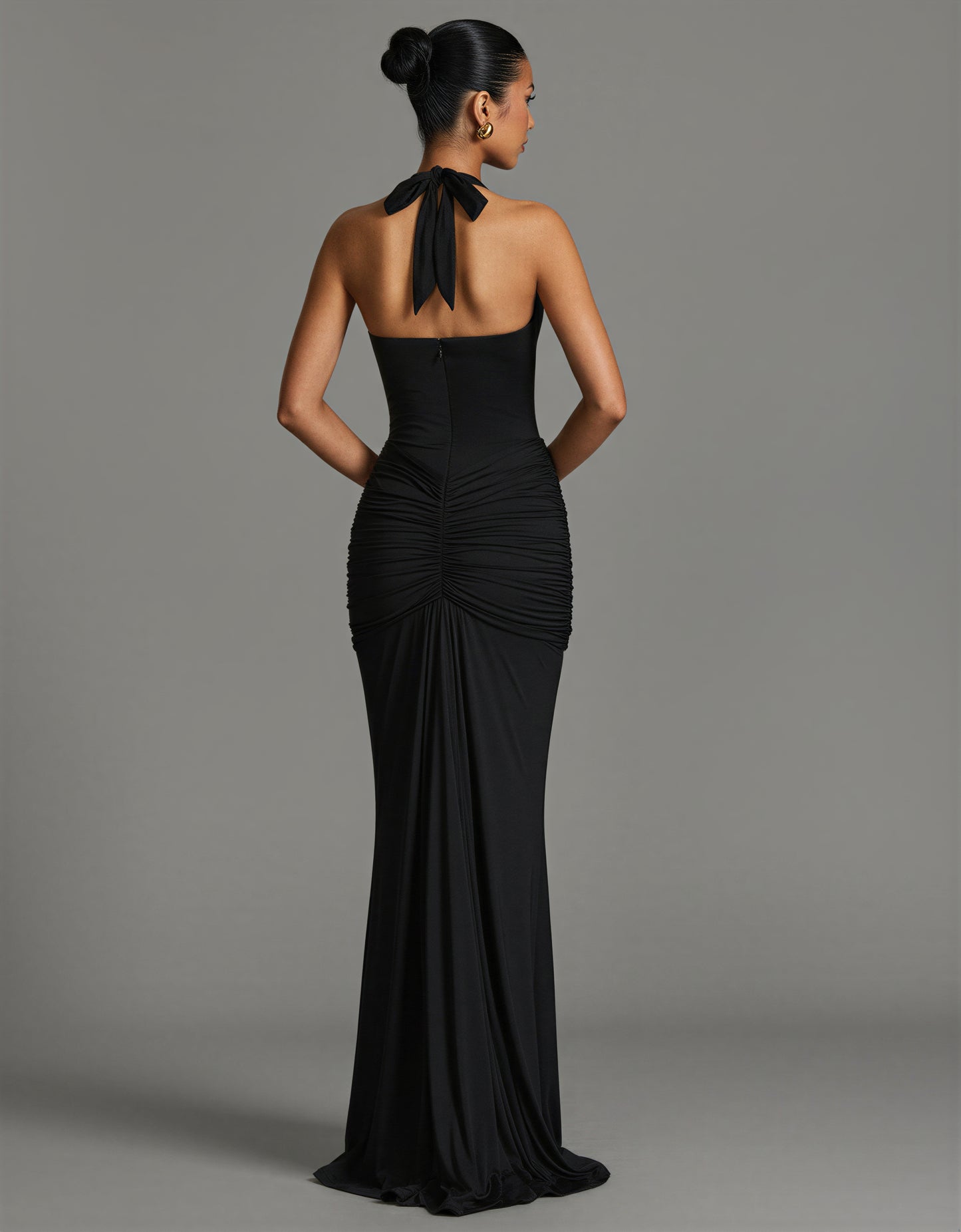 Ruched Halter Maxi Dress Deep Plunge Tie Back Holiday Party NYE Formal Evening Gown Women