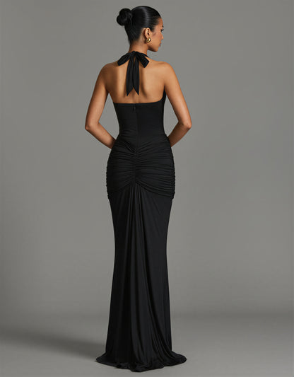 Ruched Halter Maxi Dress Deep Plunge Tie Back Holiday Party NYE Formal Evening Gown Women