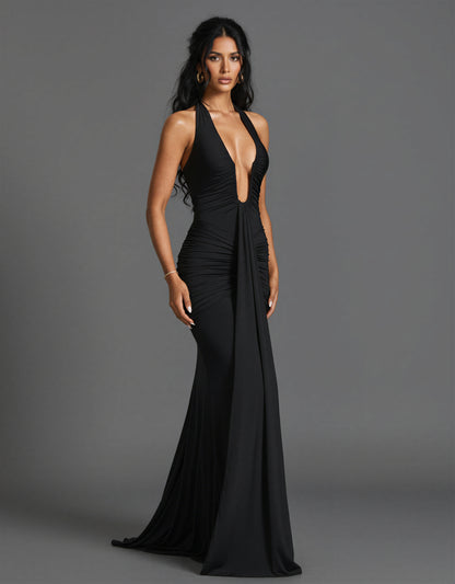 Ruched Halter Maxi Dress Deep Plunge Tie Back Holiday Party NYE Formal Evening Gown Women