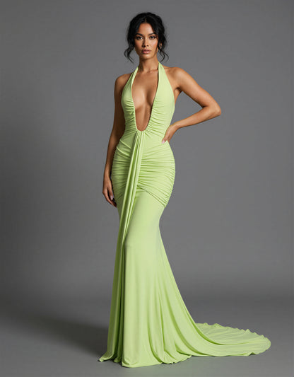 Ruched Halter Maxi Dress Deep Plunge Tie Back Holiday Party NYE Formal Evening Gown Women