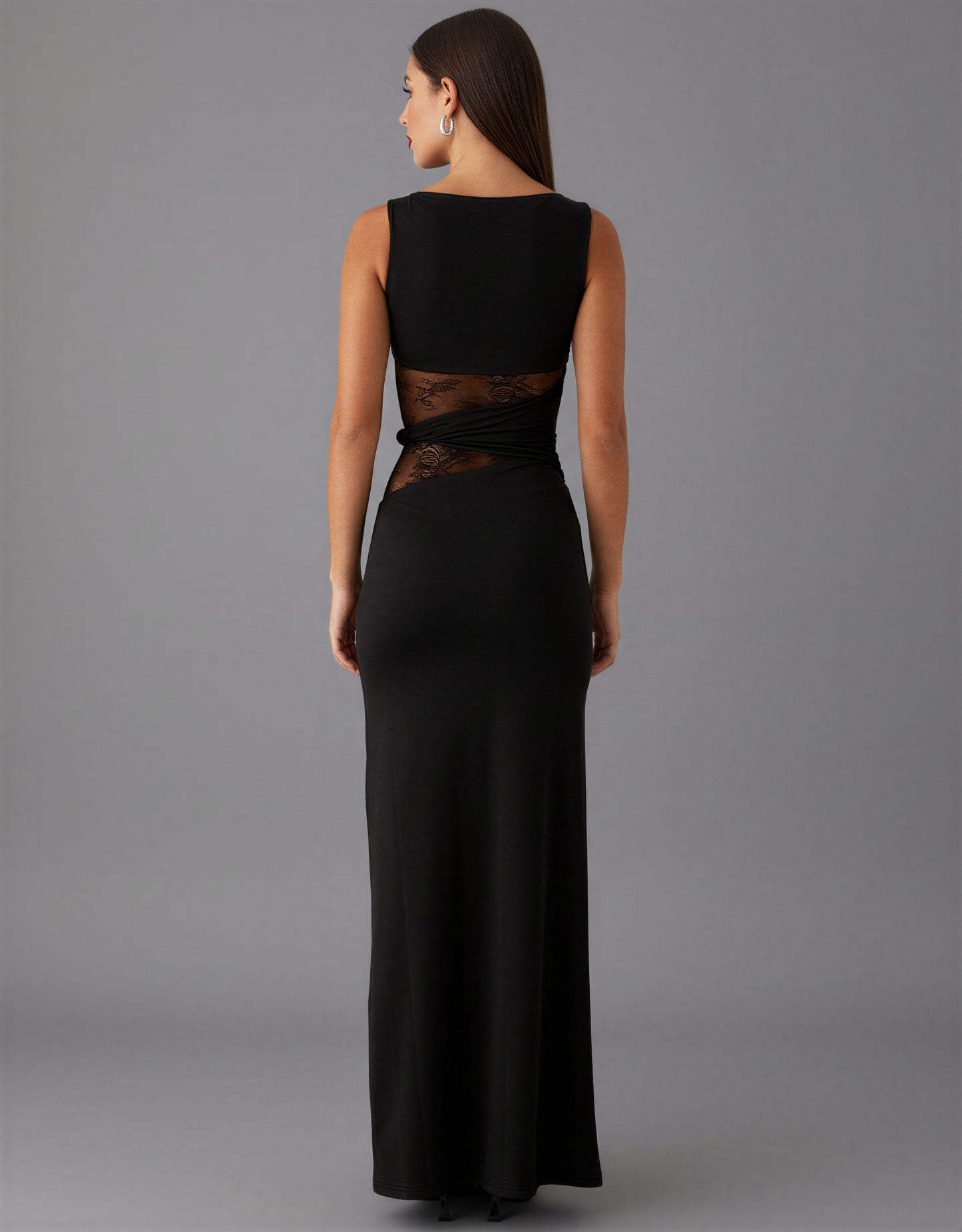 Lace Panel Bodycon Maxi Dress Sheer Insert Sleeveless Holiday Party NYE Formal Evening Gown Women