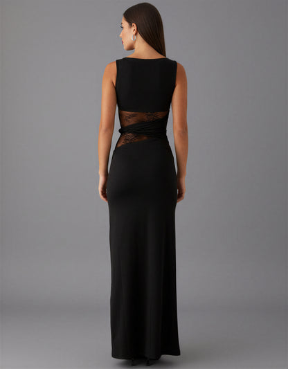 Lace Panel Bodycon Maxi Dress Sheer Insert Sleeveless Holiday Party NYE Formal Evening Gown Women