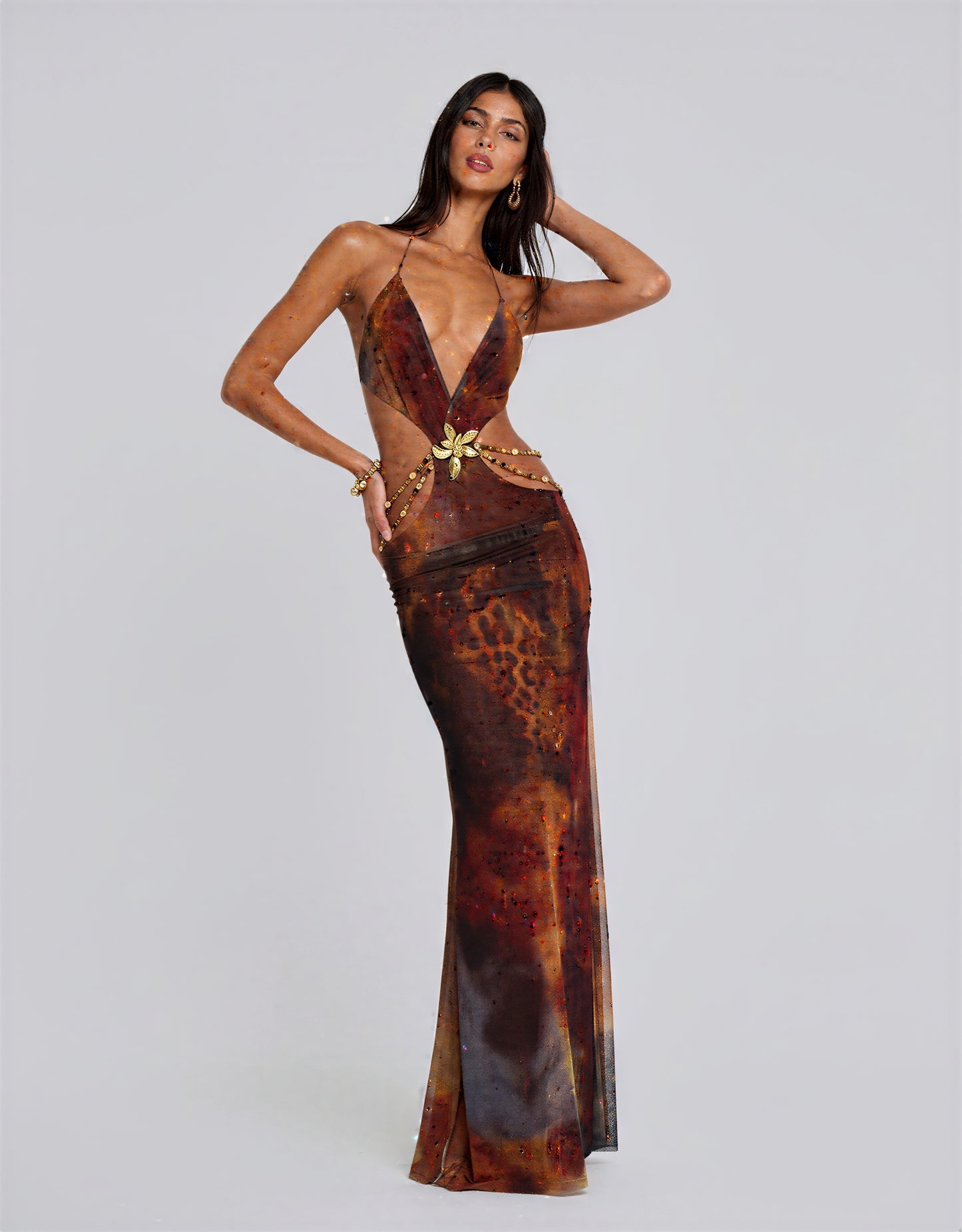 Chain Cutout Deep V Maxi Dress Backless Tie Detail Holiday Party NYE Formal Evening Gown Women