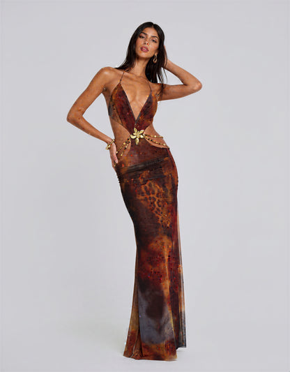 Chain Cutout Deep V Maxi Dress Backless Tie Detail Holiday Party NYE Formal Evening Gown Women