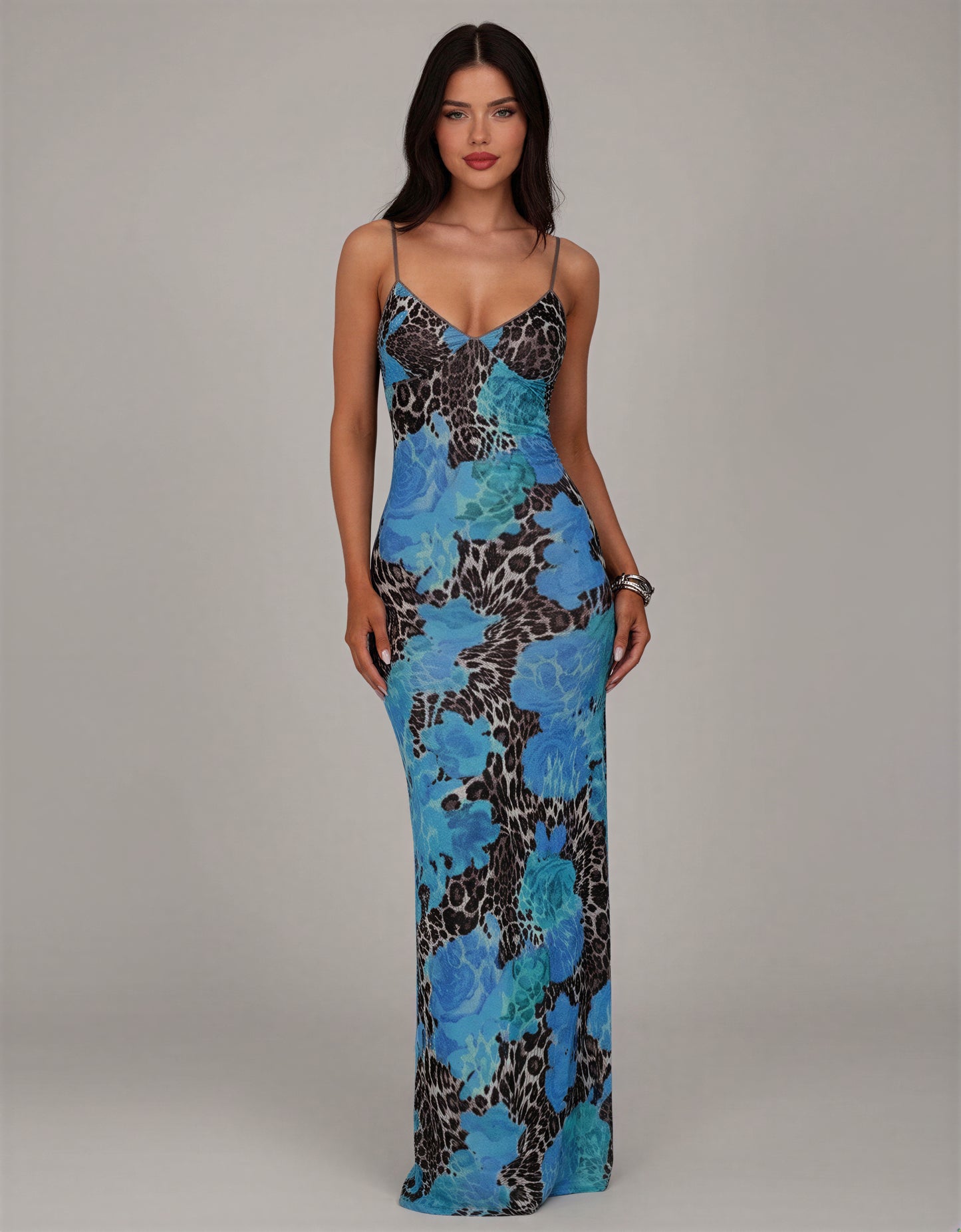 Blue Leopard Print Holiday Party Dress - NYE Bodycon Maxi Dress Spaghetti Strap Christmas Party
