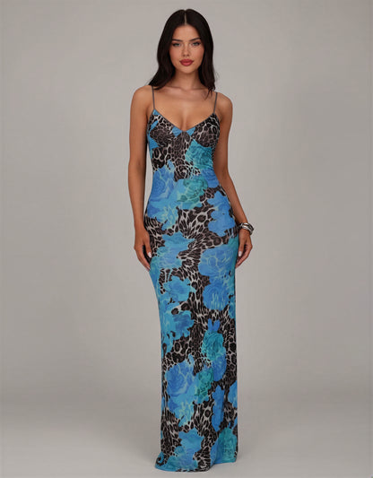 Blue Leopard Print Holiday Party Dress - NYE Bodycon Maxi Dress Spaghetti Strap Christmas Party