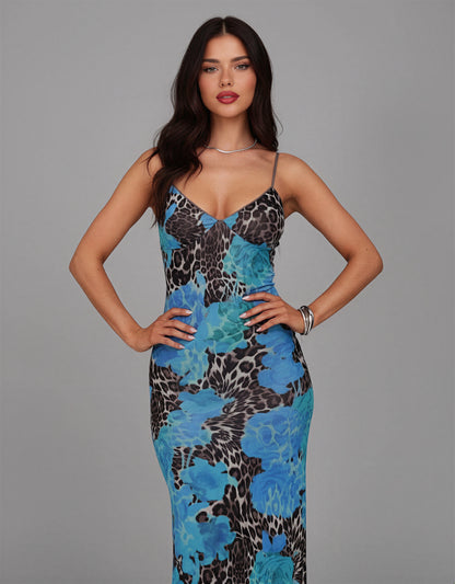 Blue Leopard Print Holiday Party Dress - NYE Bodycon Maxi Dress Spaghetti Strap Christmas Party