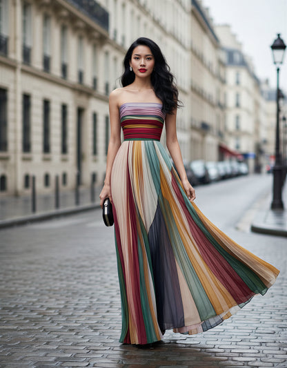 Boho Maxi Dress Colorful Pleated Strapless Formal Gown – Rainbow Summer Wedding Guest Flowy Evening Dress